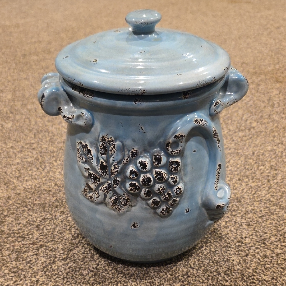 Light Blue Ceramic Lidded Decorative Jar with Grape Relief